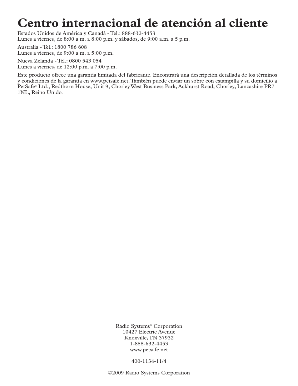 Centro internacional de atención al cliente | Petsafe HBK11-11926 User Manual | Page 28 / 28