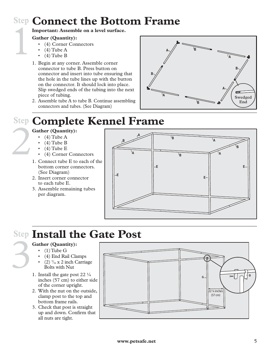 Connect the bottom frame, Complete kennel frame, Install the gate post | Step | Petsafe HBK11-11926 User Manual | Page 5 / 28
