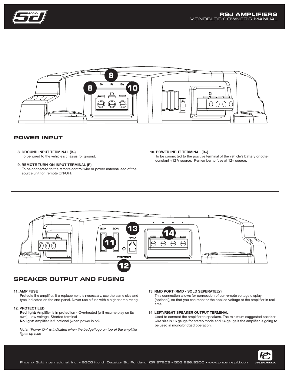 Rsd amplifiers, Power input speaker output and fusing | Phoenix Gold RSD300.1 User Manual | Page 5 / 8