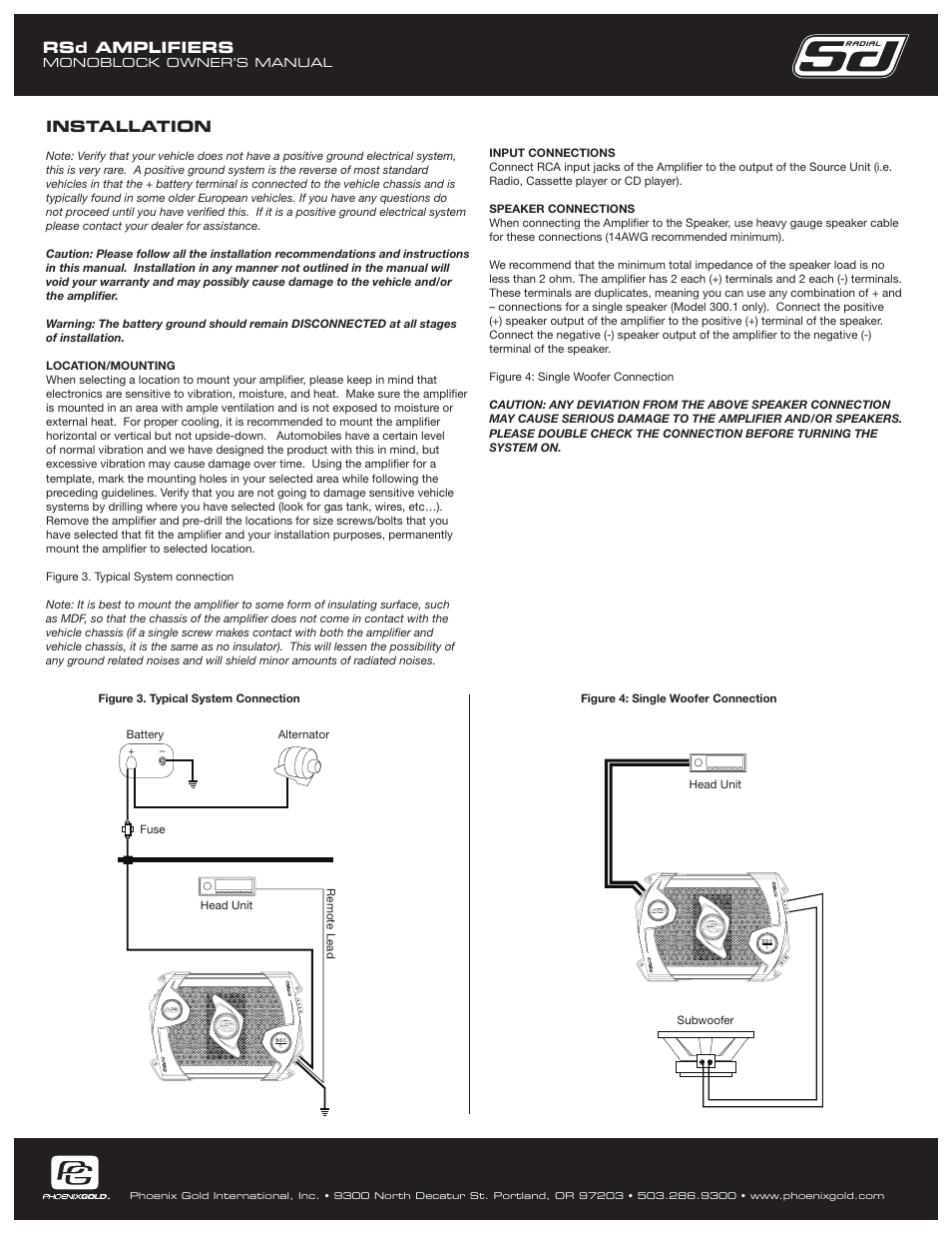 Rsd amplifiers, Installation | Phoenix Gold RSD300.1 User Manual | Page 6 / 8