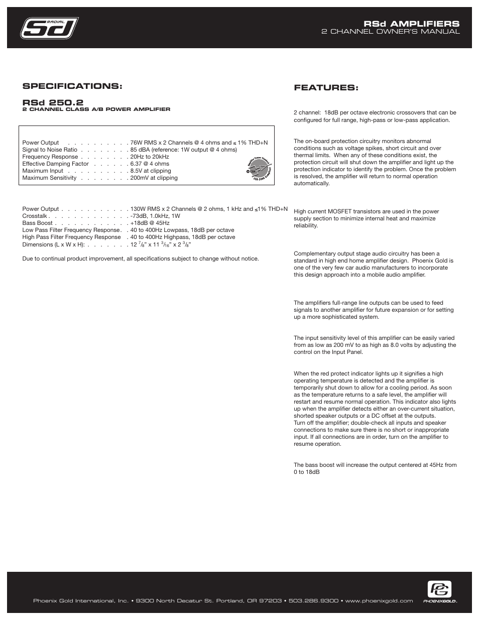 Rsd amplifiers, Rsd 250.2, Features: specifications | Phoenix Gold RSD250.2 User Manual | Page 3 / 8