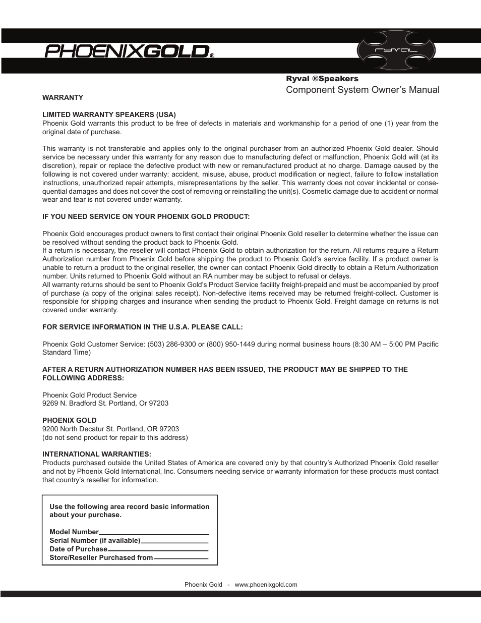 Component system owner’s manual | Phoenix Gold v65C User Manual | Page 7 / 8