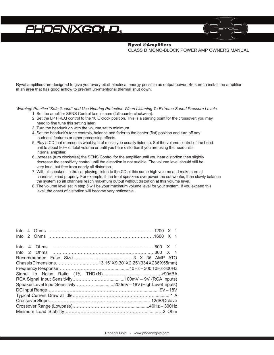 Real power creates heat, Speciﬁ cations | Phoenix Gold V8001 User Manual | Page 5 / 8