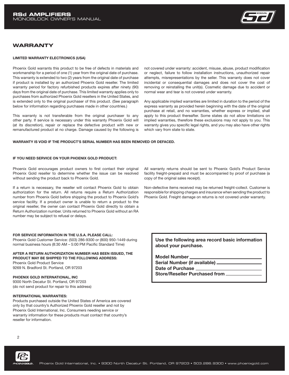 Phoenix Gold RSd1200.1 User Manual | Page 2 / 8