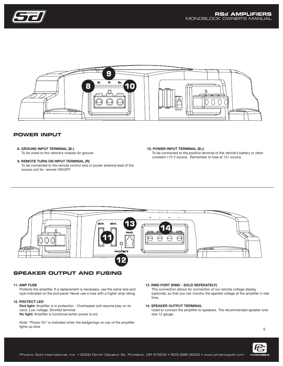 Rsd amplifiers, Power input speaker output and fusing | Phoenix Gold RSd1200.1 User Manual | Page 5 / 8