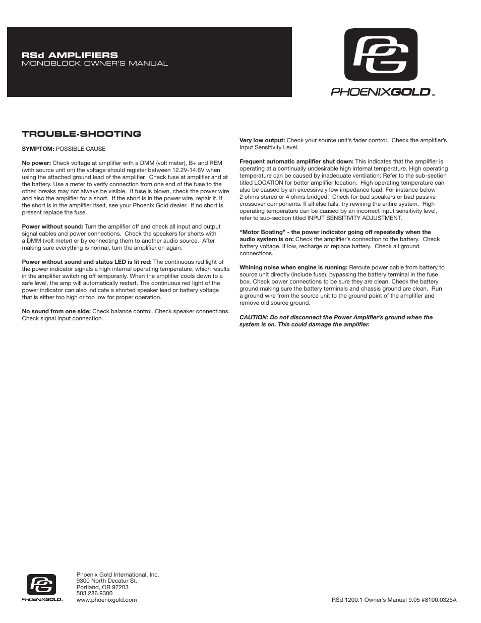 Trouble-shooting, Rsd amplifiers | Phoenix Gold RSd1200.1 User Manual | Page 8 / 8