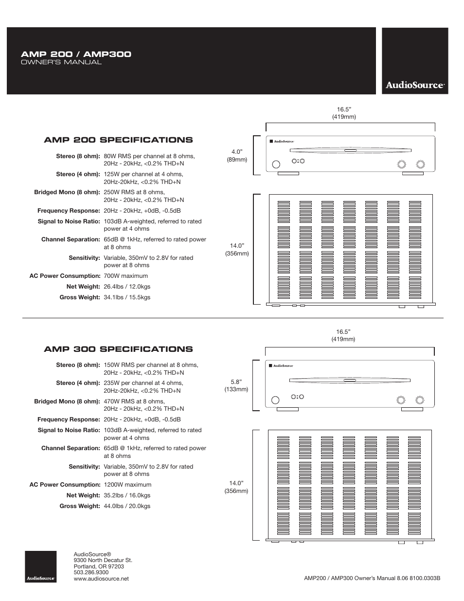 Amp 200 specifications, Amp 300 specifications | Phoenix Gold AMP300 User Manual | Page 8 / 8