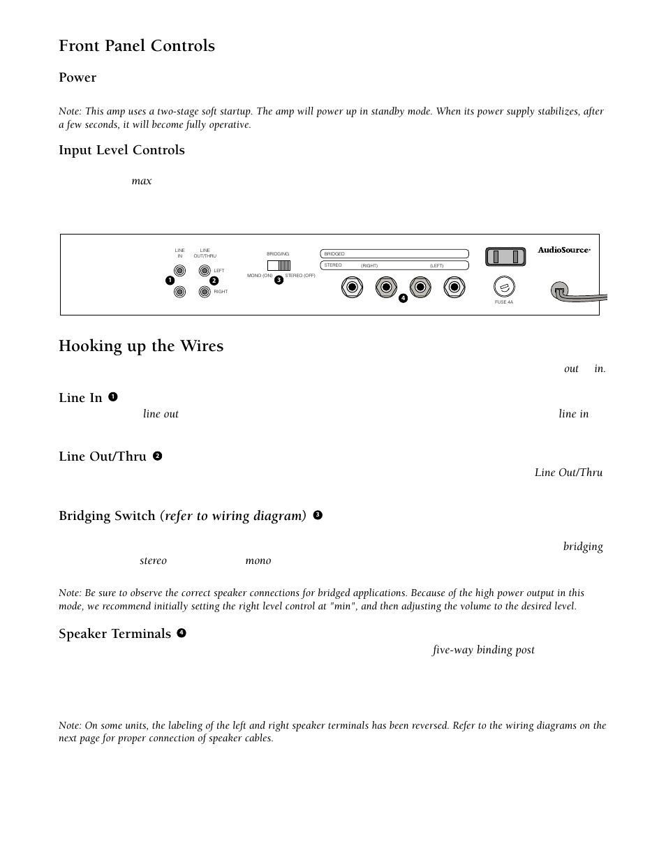 Front panel controls, Hooking up the wires, Power | Input level controls, Line in, Line out/thru, Bridging switch (refer to wiring diagram), Speaker terminals | Phoenix Gold AMP One/A User Manual | Page 2 / 4