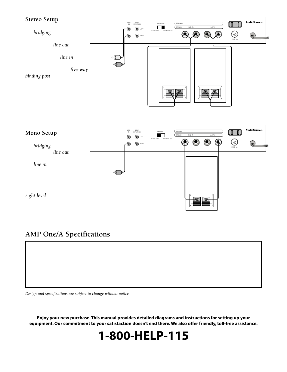 Amp one/a specifications, Stereo setup, Mono setup | W x 2, H x 11, D weight lbs., 5oz | Phoenix Gold AMP One/A User Manual | Page 3 / 4