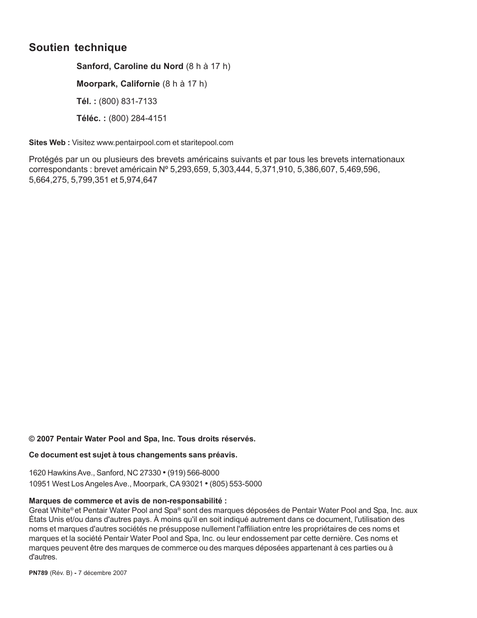 Soutien technique | Pentair GreatWhite Automatic Pool Cleaner User Manual | Page 28 / 80