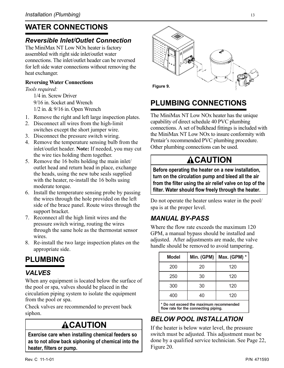 Caution, Plumbing connections, Water connections | Plumbing, Manual by-pass, Reversible inlet/outlet connection, Valves, Below pool installation | Pentair MiniMax 250 User Manual | Page 13 / 40