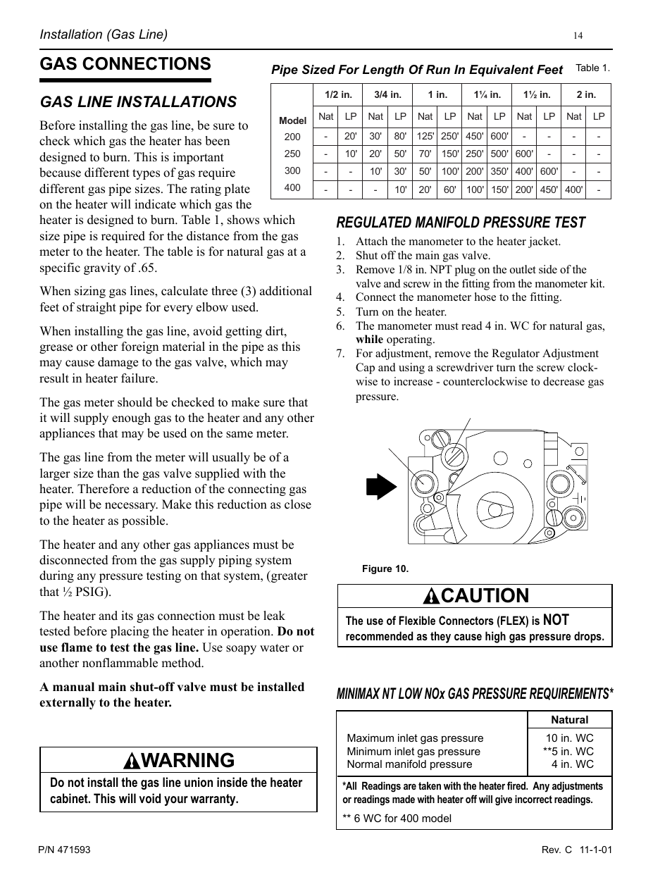 Caution, Warning, Gas connections | Gas line installations, Regulated manifold pressure test, Minimax nt low nox gas pressure requirements, Installation (gas line) | Pentair MiniMax 250 User Manual | Page 14 / 40