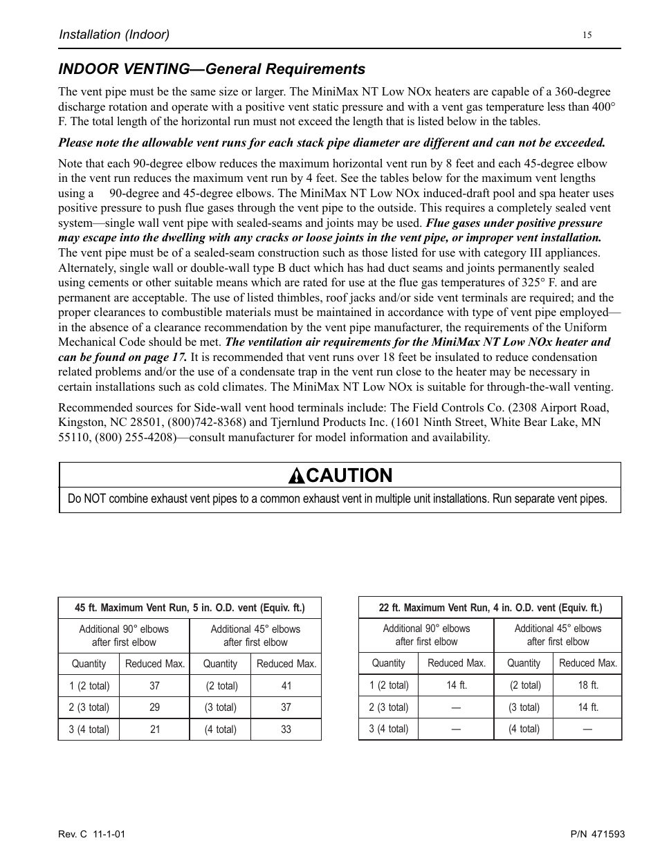 Caution, Indoor venting—general requirements | Pentair MiniMax 250 User Manual | Page 15 / 40