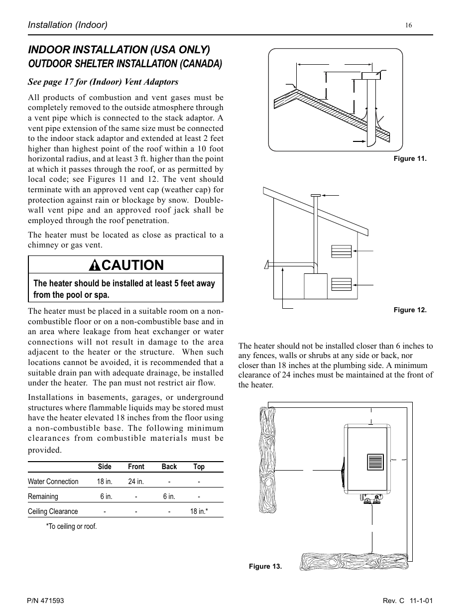 Caution, See page 17 for (indoor) vent adaptors, Installation (indoor) | Pentair MiniMax 250 User Manual | Page 16 / 40