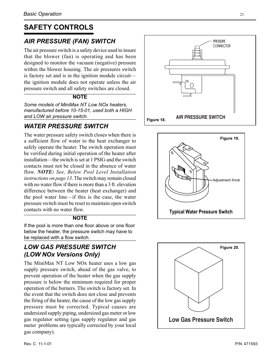 Safety controls, Low gas pressure switch, Air pressure (fan) switch | Water pressure switch, Low gas pressure switch (low nox versions only) | Pentair MiniMax 250 User Manual | Page 21 / 40