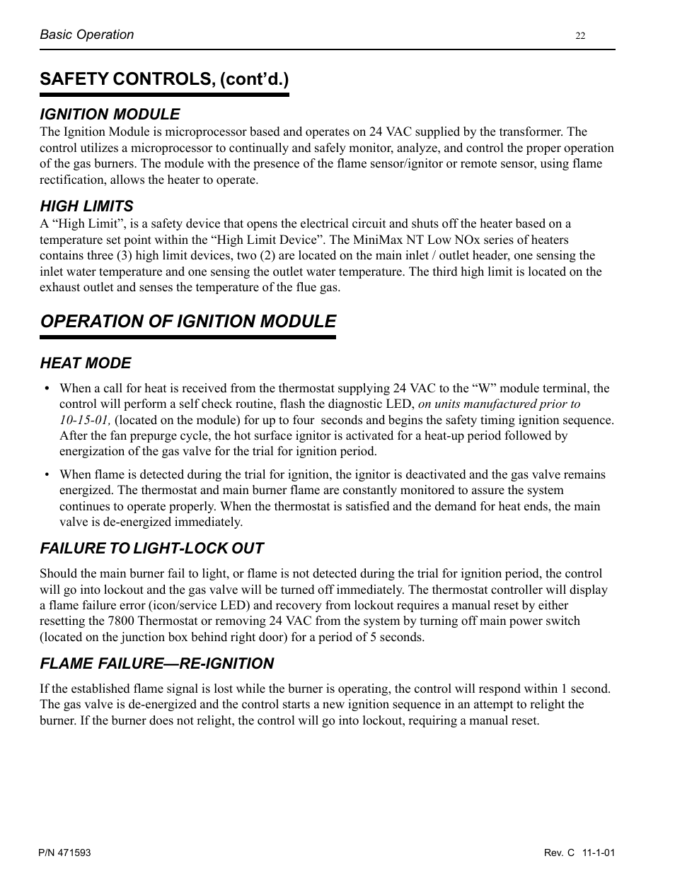 Safety controls, (cont’d.), Operation of ignition module | Pentair MiniMax 250 User Manual | Page 22 / 40