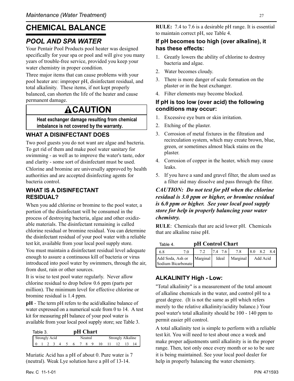 Caution, Chemical balance, Pool and spa water | Pentair MiniMax 250 User Manual | Page 27 / 40