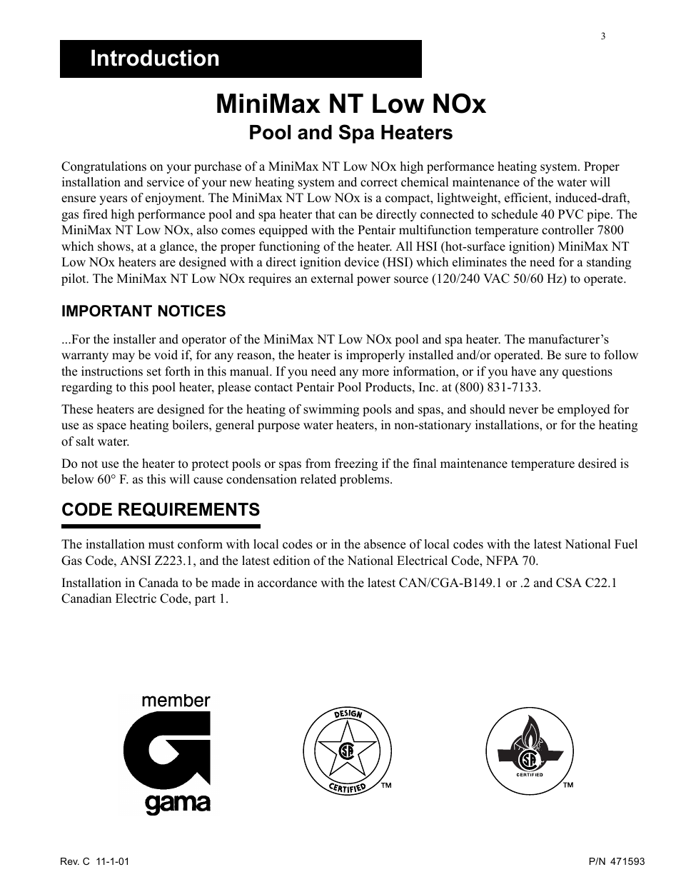 Minimax nt low nox, Introduction, Pool and spa heaters | Pentair MiniMax 250 User Manual | Page 3 / 40