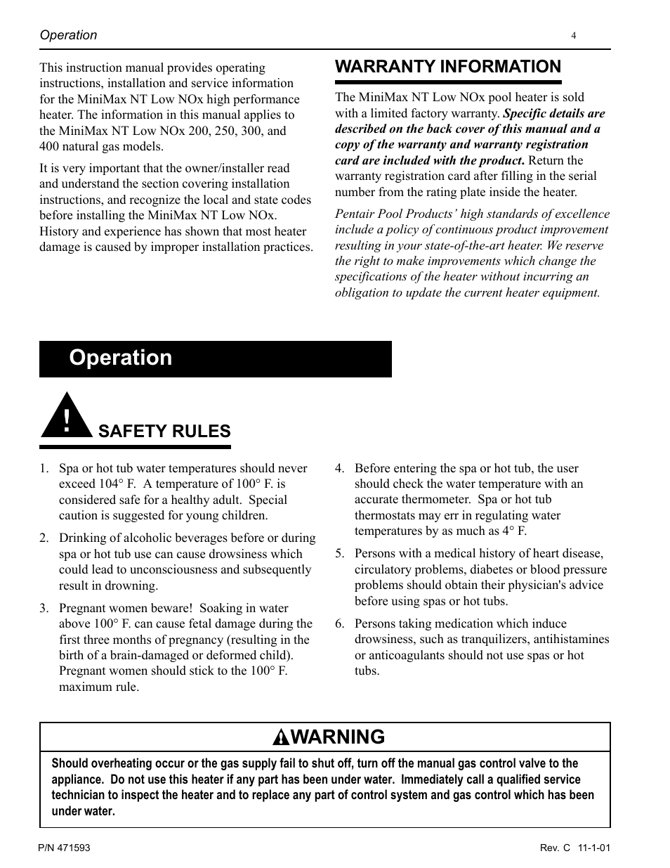 Operation, Warning, Safety rules | Warranty information | Pentair MiniMax 250 User Manual | Page 4 / 40