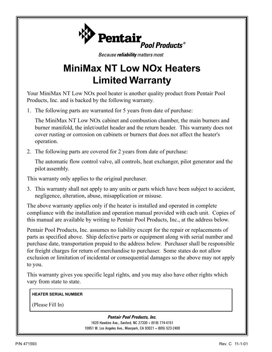 Minimax nt low nox heaters limited warranty | Pentair MiniMax 250 User Manual | Page 40 / 40