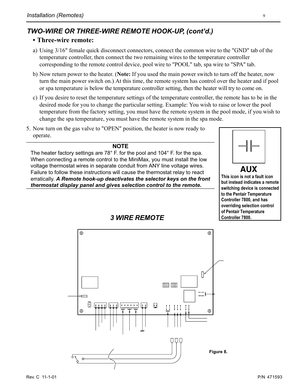 Three-wire remote, Two-wire or three-wire remote hook-up, (cont’d.), 3 wire remote | Installation (remotes), Figure 8 | Pentair MiniMax 250 User Manual | Page 9 / 40