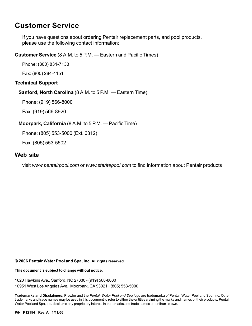 Customer service, Web site | Pentair 720 User Manual | Page 2 / 24