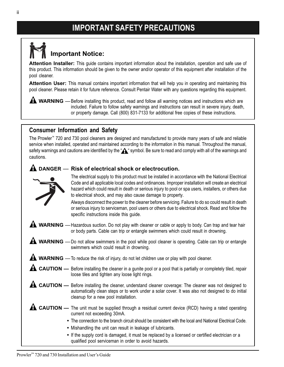 Important safety precautions, Important notice, Consumer information and safety | Pentair 720 User Manual | Page 4 / 24