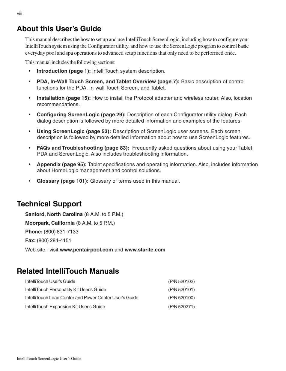 About this user’s guide, Technical support, Related intellitouch manuals | Pentair Intellitouch ScreenLogic User Manual | Page 10 / 116