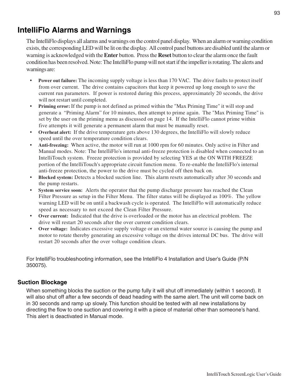 Intelliflo alarms and warnings | Pentair Intellitouch ScreenLogic User Manual | Page 103 / 116