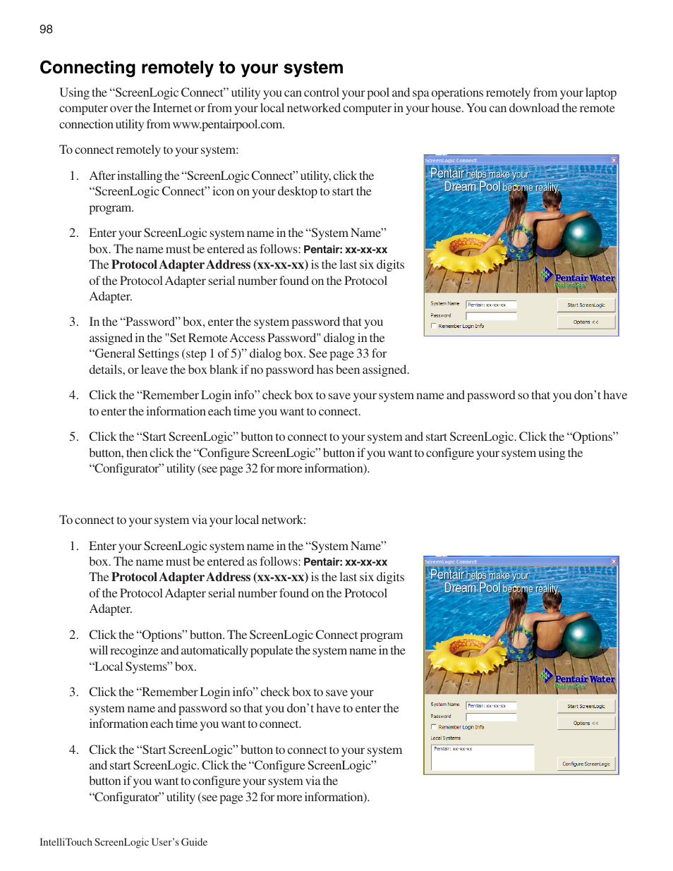 Connecting remotely to your system | Pentair Intellitouch ScreenLogic User Manual | Page 108 / 116