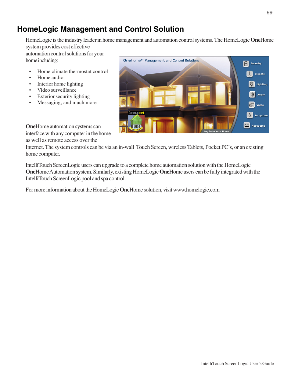 Homelogic management and control solution | Pentair Intellitouch ScreenLogic User Manual | Page 109 / 116