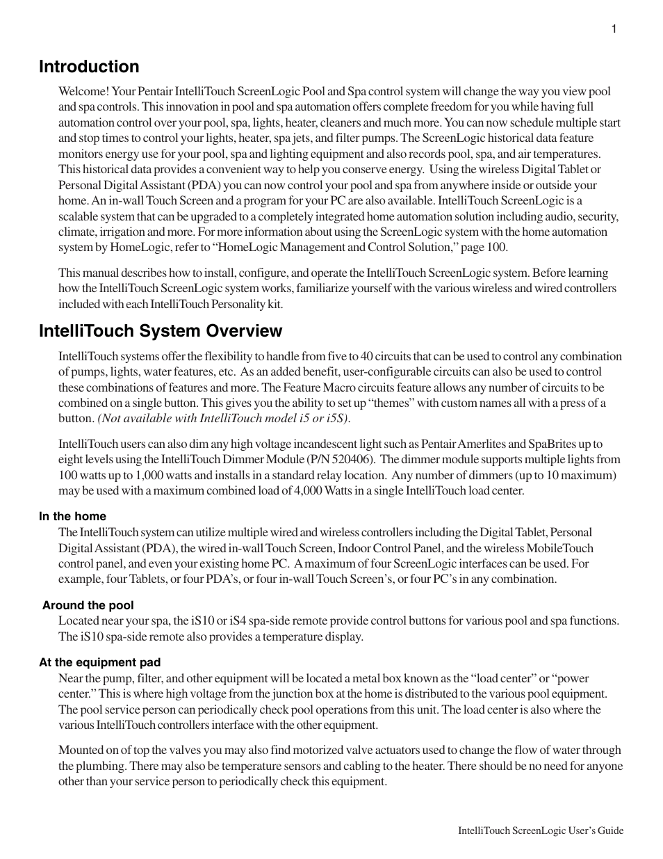 Introduction, Intellitouch system overview | Pentair Intellitouch ScreenLogic User Manual | Page 11 / 116