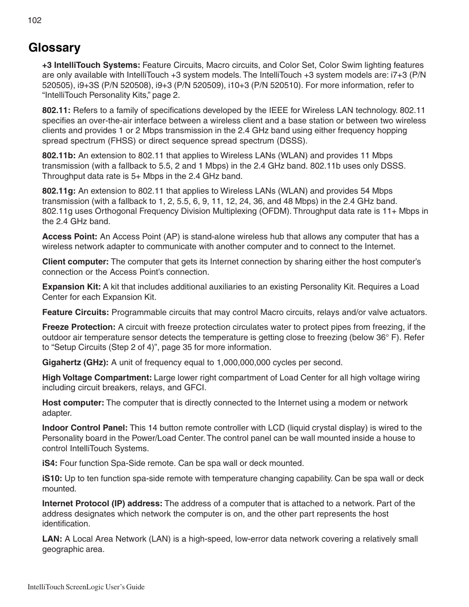 Glossary | Pentair Intellitouch ScreenLogic User Manual | Page 112 / 116