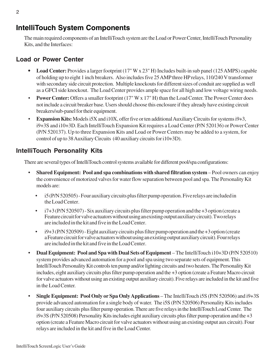 Intellitouch system components | Pentair Intellitouch ScreenLogic User Manual | Page 12 / 116