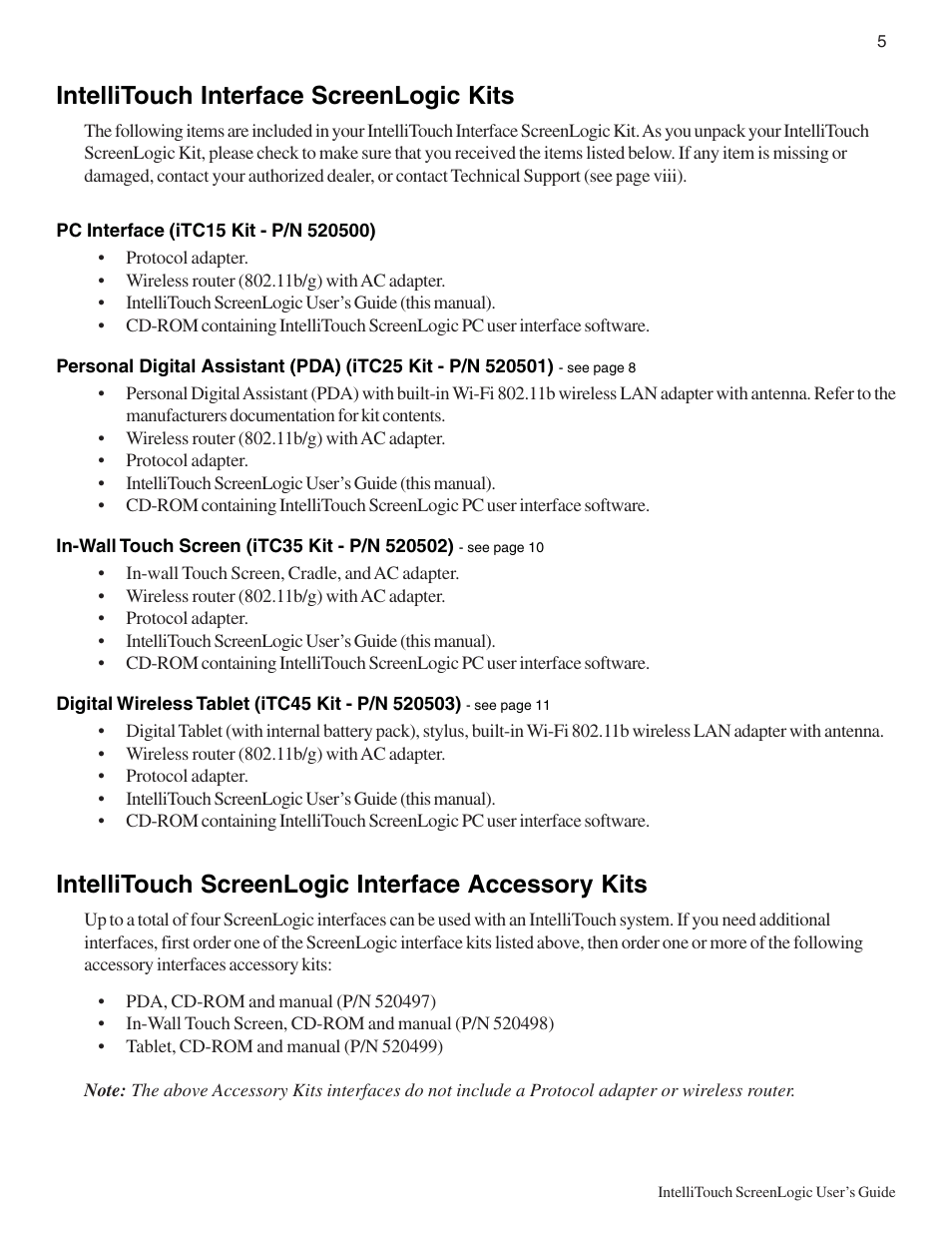 Intellitouch interface screenlogic kits, Intellitouch screenlogic interface accessory kits | Pentair Intellitouch ScreenLogic User Manual | Page 15 / 116