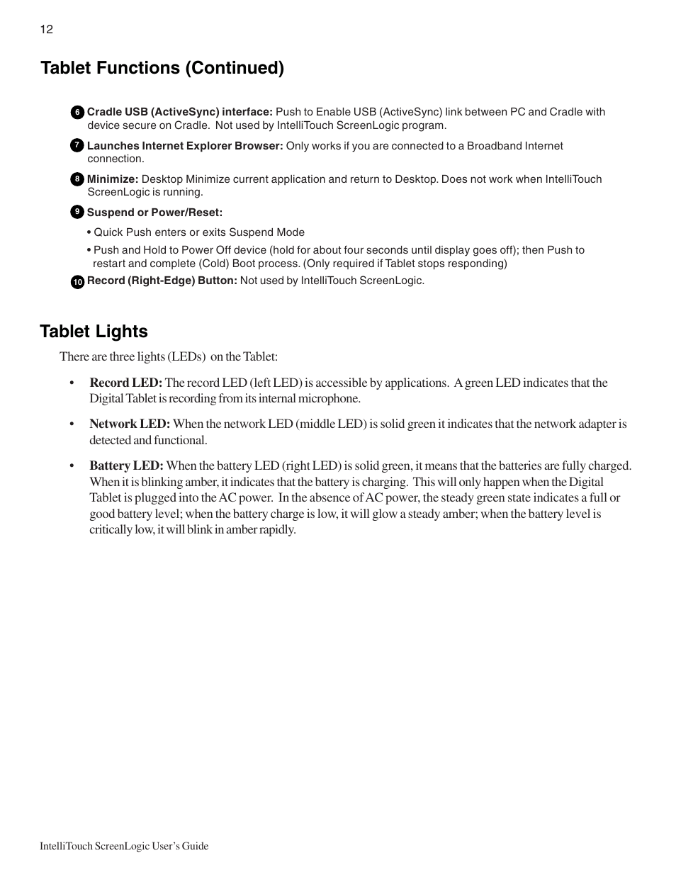 Tablet lights, Tablet functions (continued) | Pentair Intellitouch ScreenLogic User Manual | Page 22 / 116