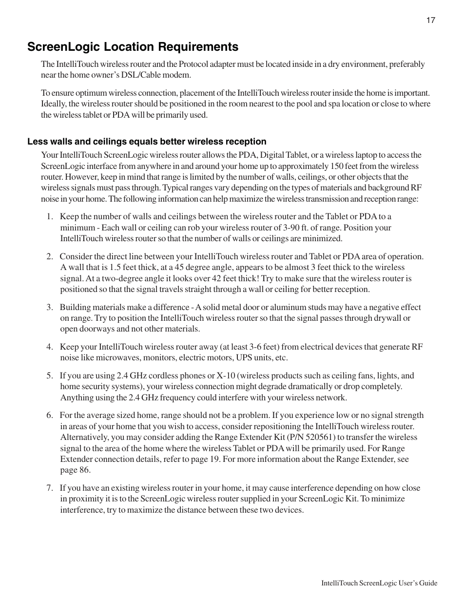 Screenlogic location requirements | Pentair Intellitouch ScreenLogic User Manual | Page 27 / 116