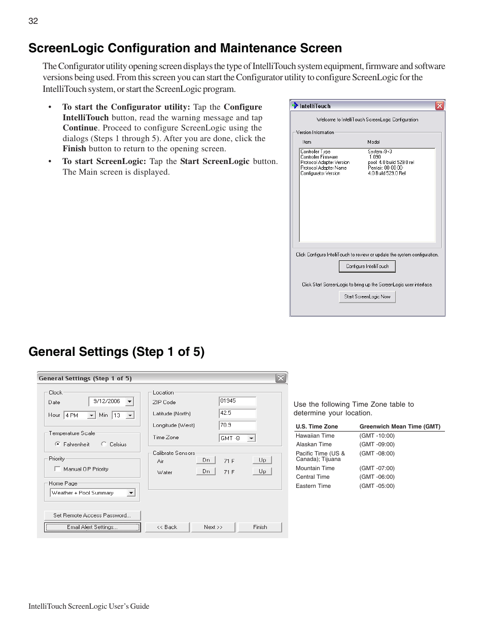 Screenlogic configuration and maintenance screen, General settings (step 1 of 5), Intellitouch screenlogic user’s guide | Pentair Intellitouch ScreenLogic User Manual | Page 42 / 116