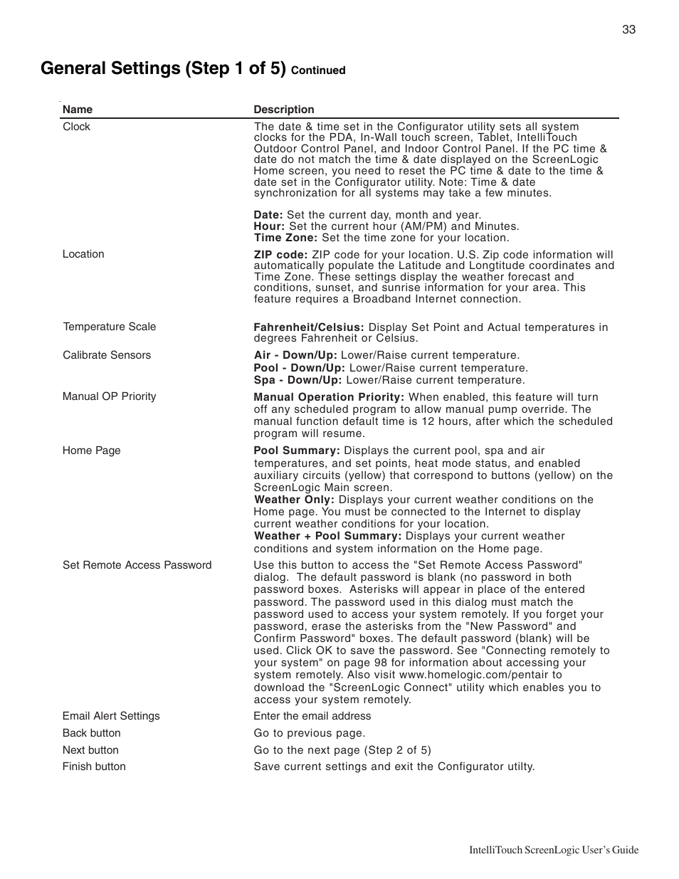General settings (step 1 of 5) | Pentair Intellitouch ScreenLogic User Manual | Page 43 / 116