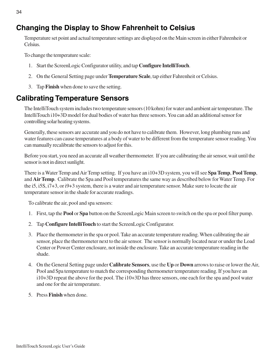 Changing the display to show fahrenheit to celsius, Calibrating temperature sensors | Pentair Intellitouch ScreenLogic User Manual | Page 44 / 116