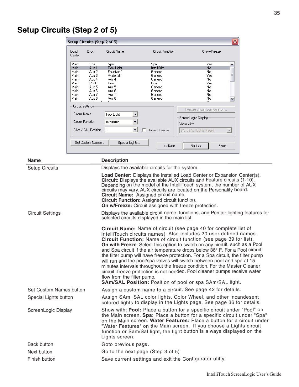 Setup circuits (step 2 of 5) | Pentair Intellitouch ScreenLogic User Manual | Page 45 / 116