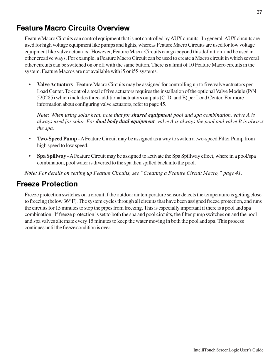 Feature macro circuits overview, Freeze protection | Pentair Intellitouch ScreenLogic User Manual | Page 47 / 116