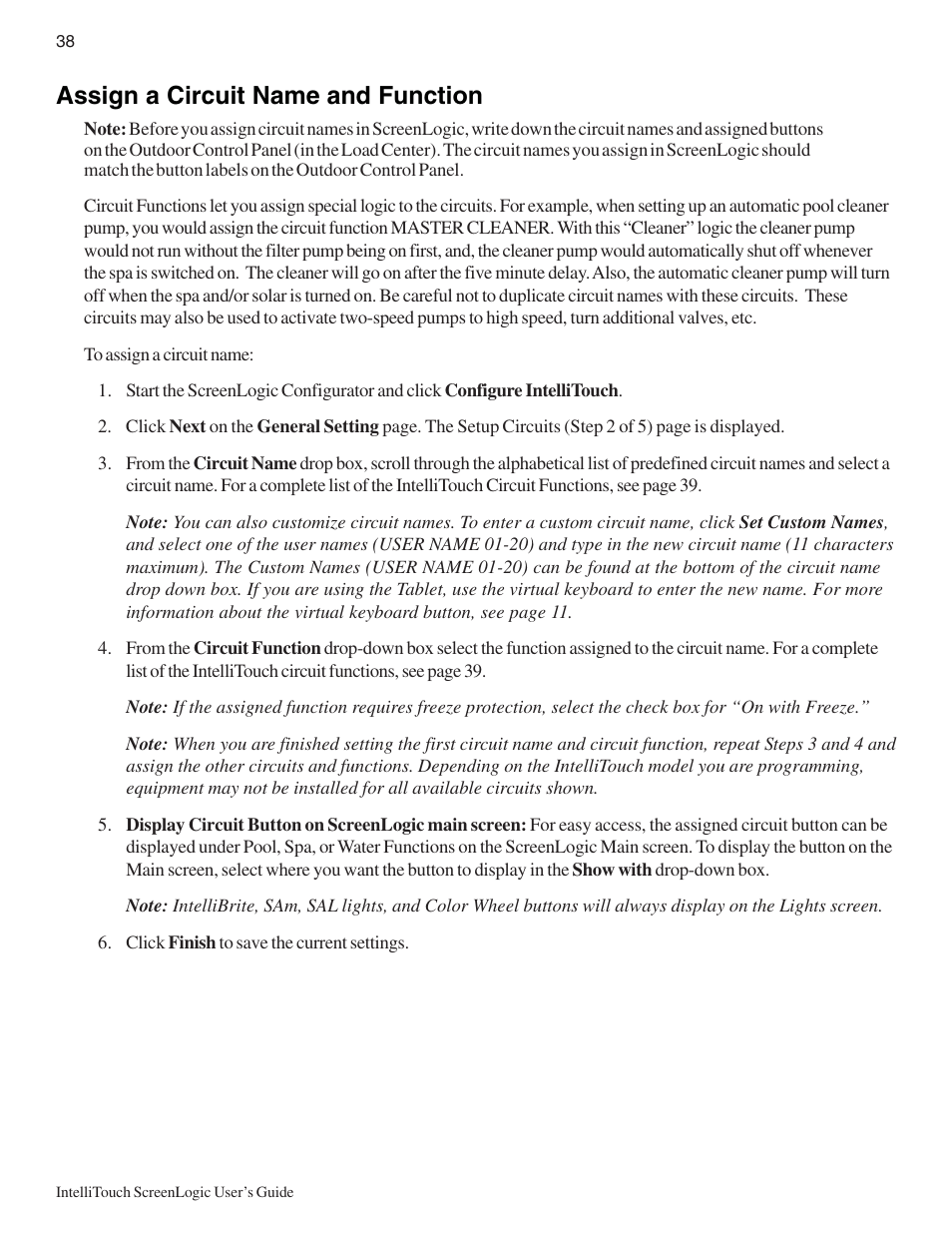 Assign a circuit name and function | Pentair Intellitouch ScreenLogic User Manual | Page 48 / 116