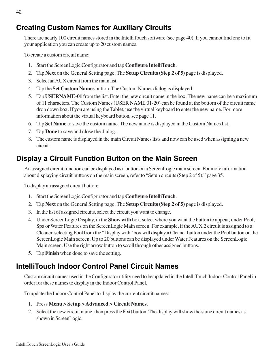 Creating custom names for auxiliary circuits, Intellitouch indoor control panel circuit names | Pentair Intellitouch ScreenLogic User Manual | Page 52 / 116