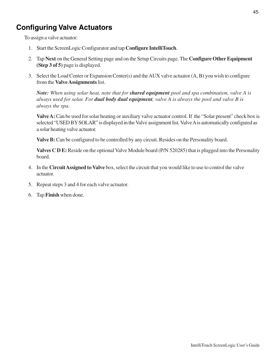 Configuring valve actuators | Pentair Intellitouch ScreenLogic User Manual | Page 55 / 116