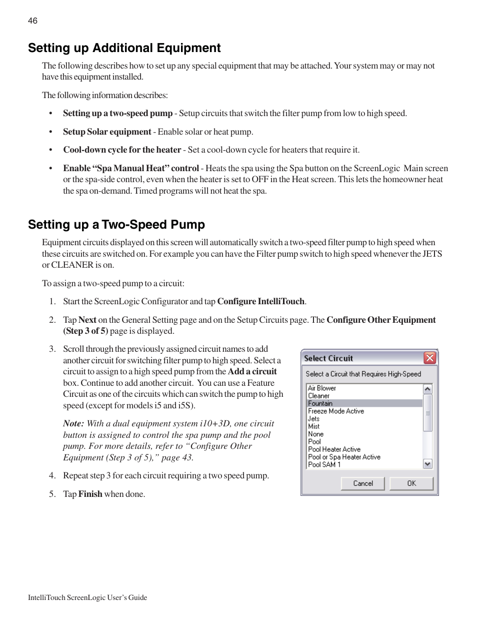 Setting up a two-speed pump, Setting up additional equipment | Pentair Intellitouch ScreenLogic User Manual | Page 56 / 116
