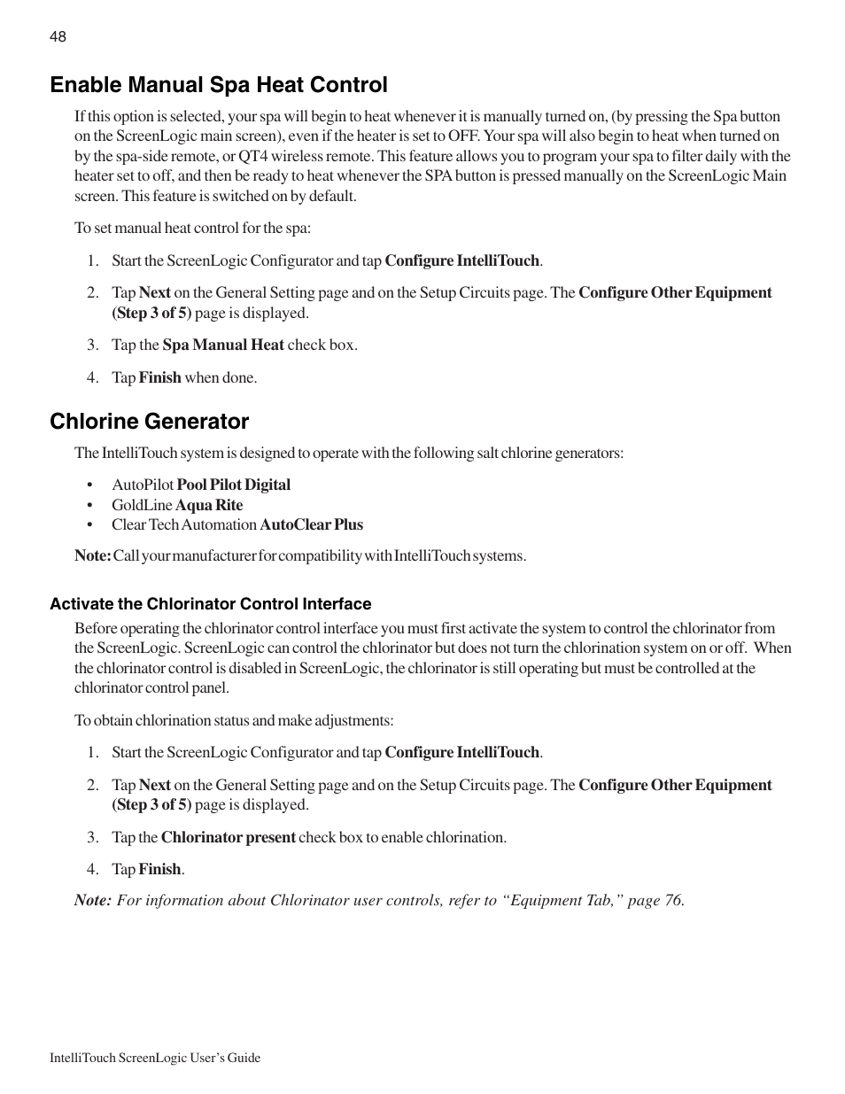 Chlorine generator, Enable manual spa heat control | Pentair Intellitouch ScreenLogic User Manual | Page 58 / 116