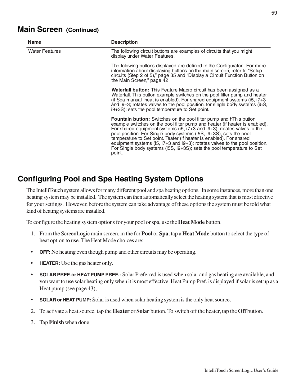 Main screen, Configuring pool and spa heating system options | Pentair Intellitouch ScreenLogic User Manual | Page 69 / 116