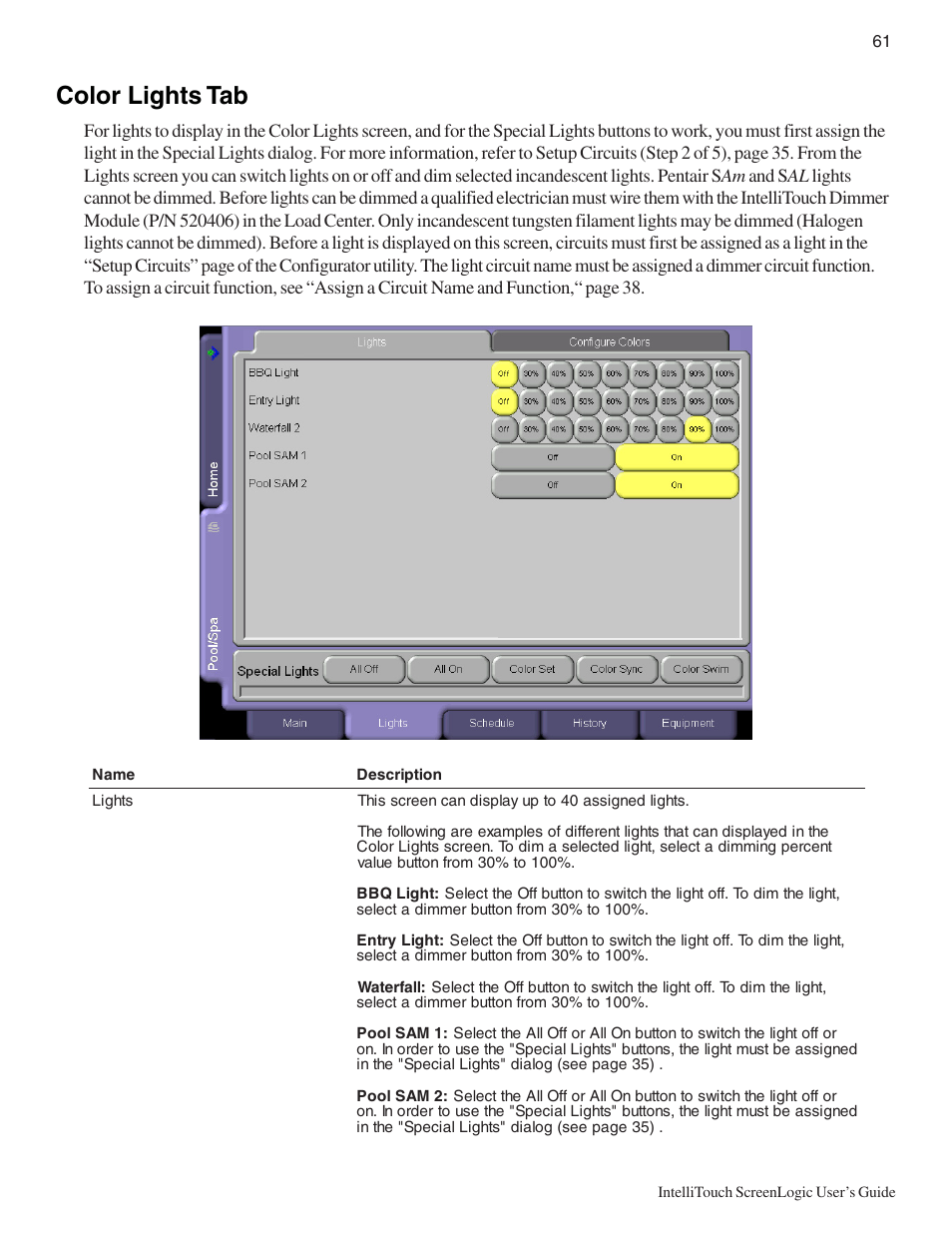 Color lights tab | Pentair Intellitouch ScreenLogic User Manual | Page 71 / 116