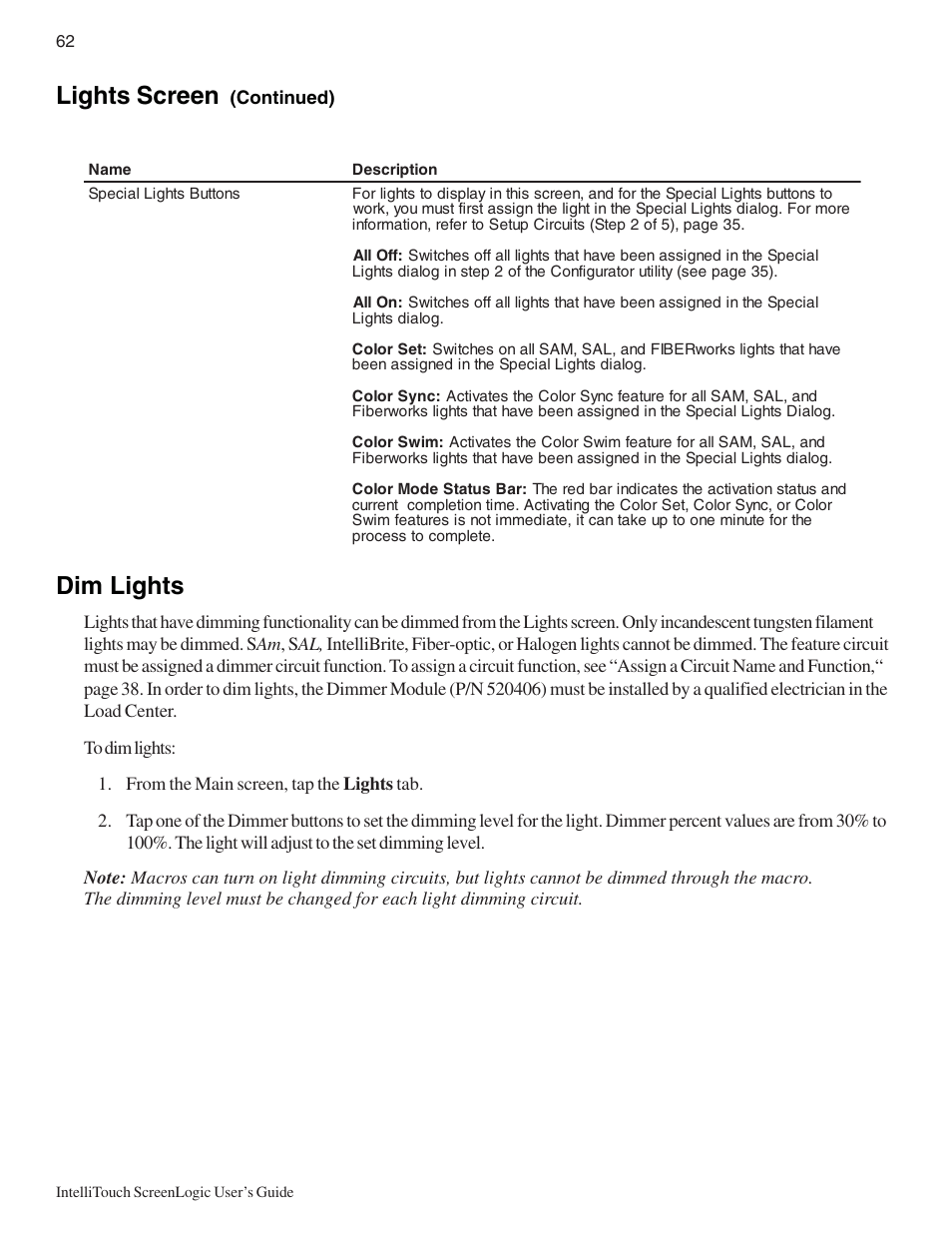 Dim lights, Lights screen | Pentair Intellitouch ScreenLogic User Manual | Page 72 / 116